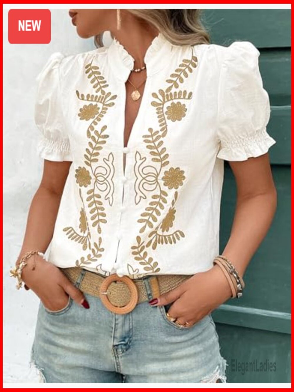 V Neck Puff Sleeve Button Down Shirt Embroidered Blouse Top - Picture 7 of 7